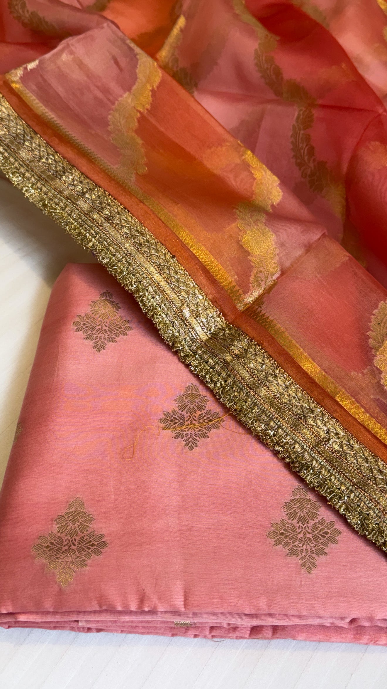 Shades of peach - Kora silk rangkaat kadhwa duppata paired with silk kurta